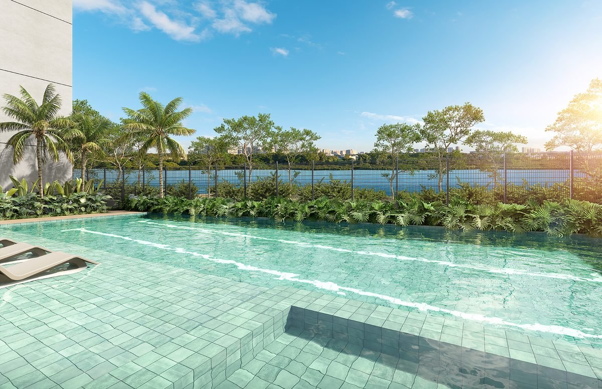 Piscinas do Breeze Residence com a Lagoa ao fundo