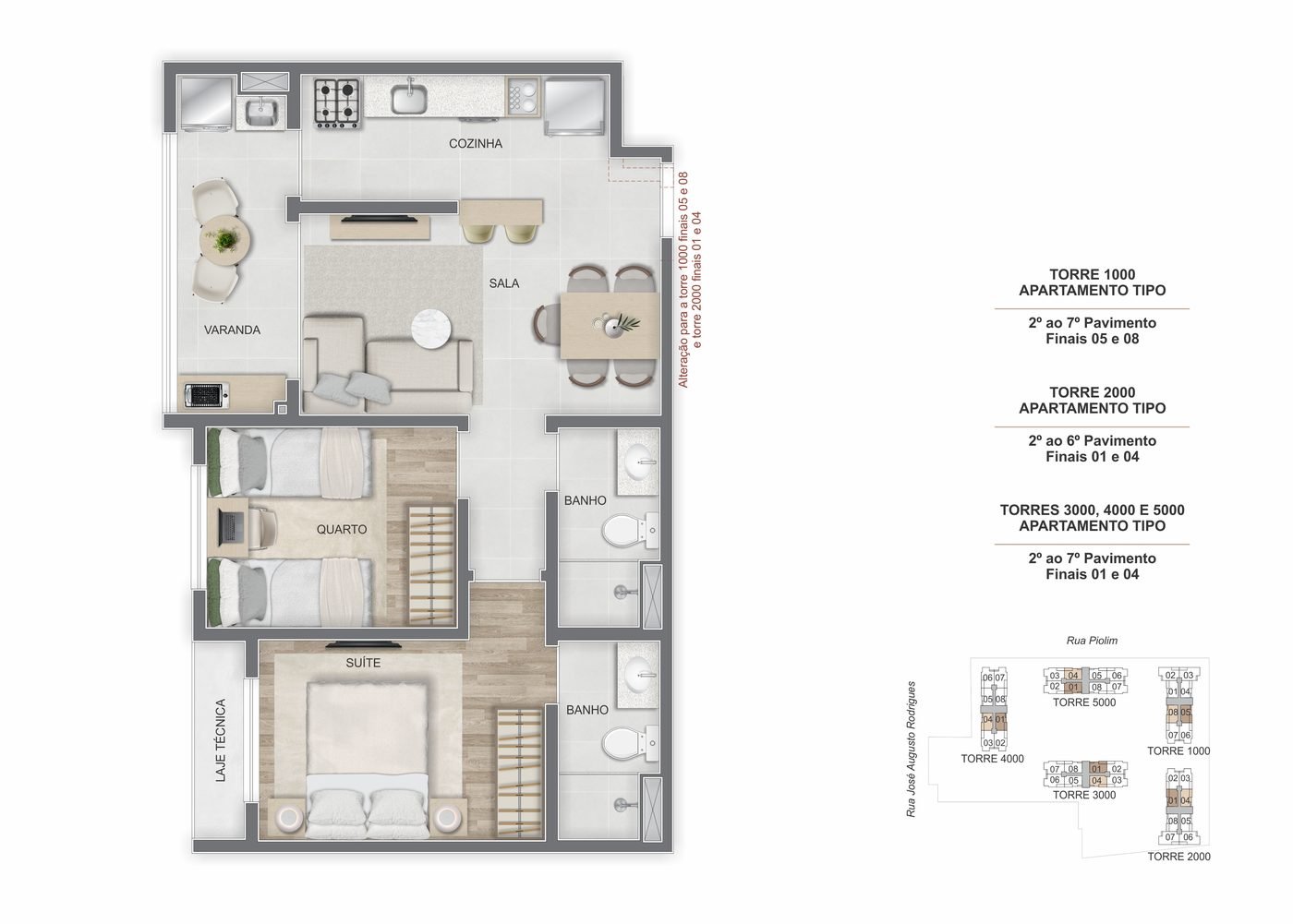 Planta do apartamento de 2 quartos de 55 m² do Breeze Residence, na versão com a cozinha junto à varanda
