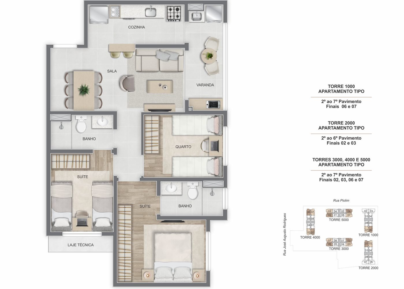 Planta do apartamento de 3 quartos de 68,41 m² do Breeze Residence