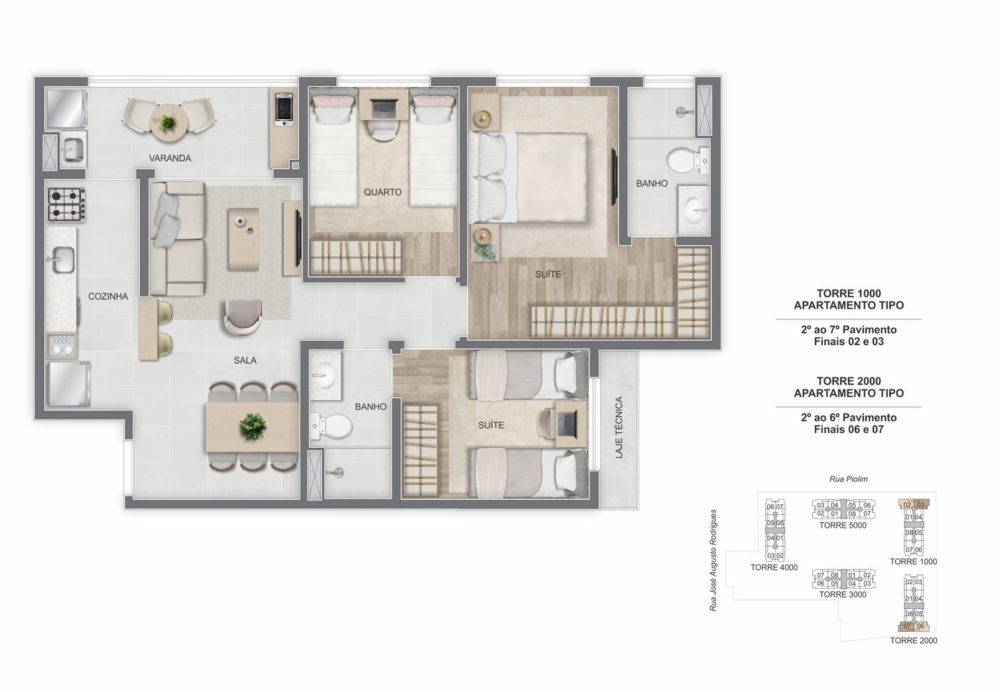 Planta do apartamento de 3 quartos de 70,62 m² do Breeze Residence