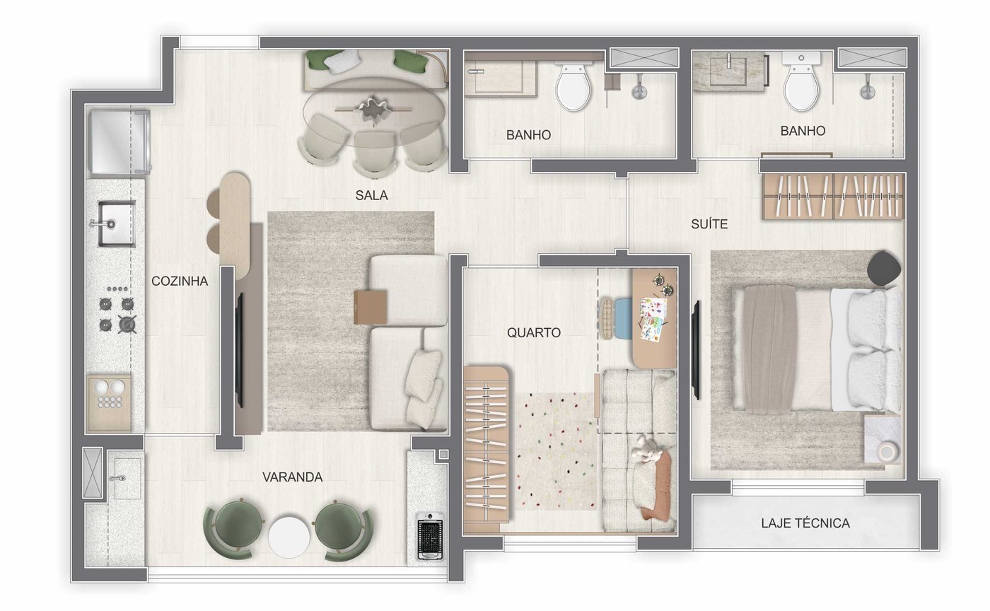 Planta do apartamento decorado de 2 quartos do Breeze Residence, com suíte, quarto, sala integrada à cozinha e varanda