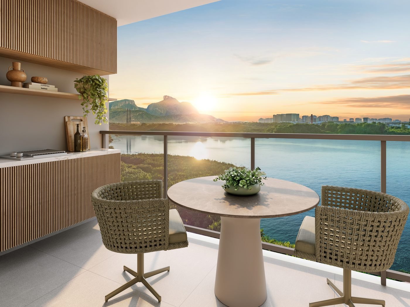 Varanda de apartamento do Breeze Residence com vista para a Lagoa de Jacarepaguá e a Pedra da Gávea