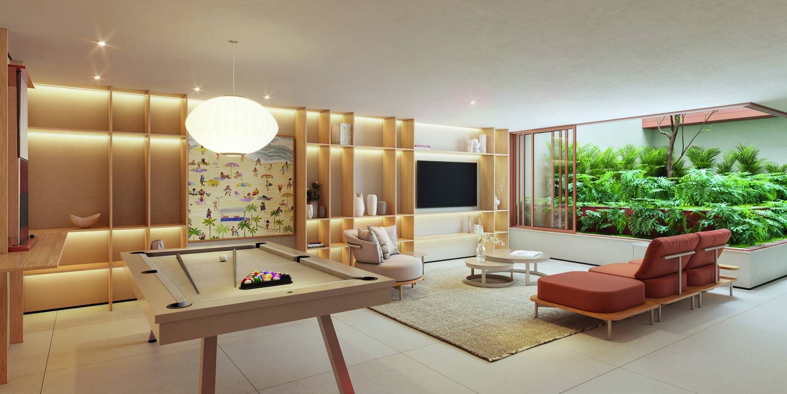 Sala de convivência do Bronze Ipanema Studios, com sofás, mesa de jantar e vegetação