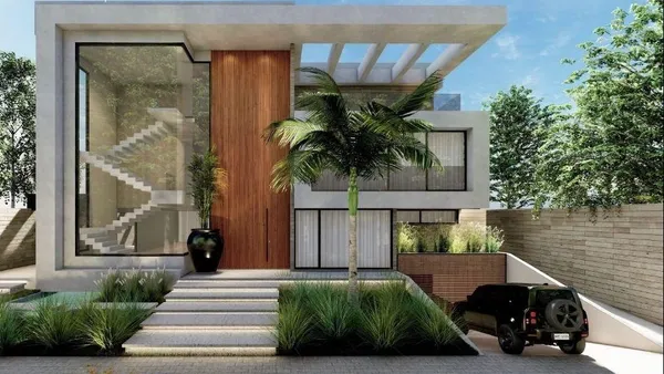 Perspectiva da fachada da casa de 4 suítes em construção na Barra da Tijuca