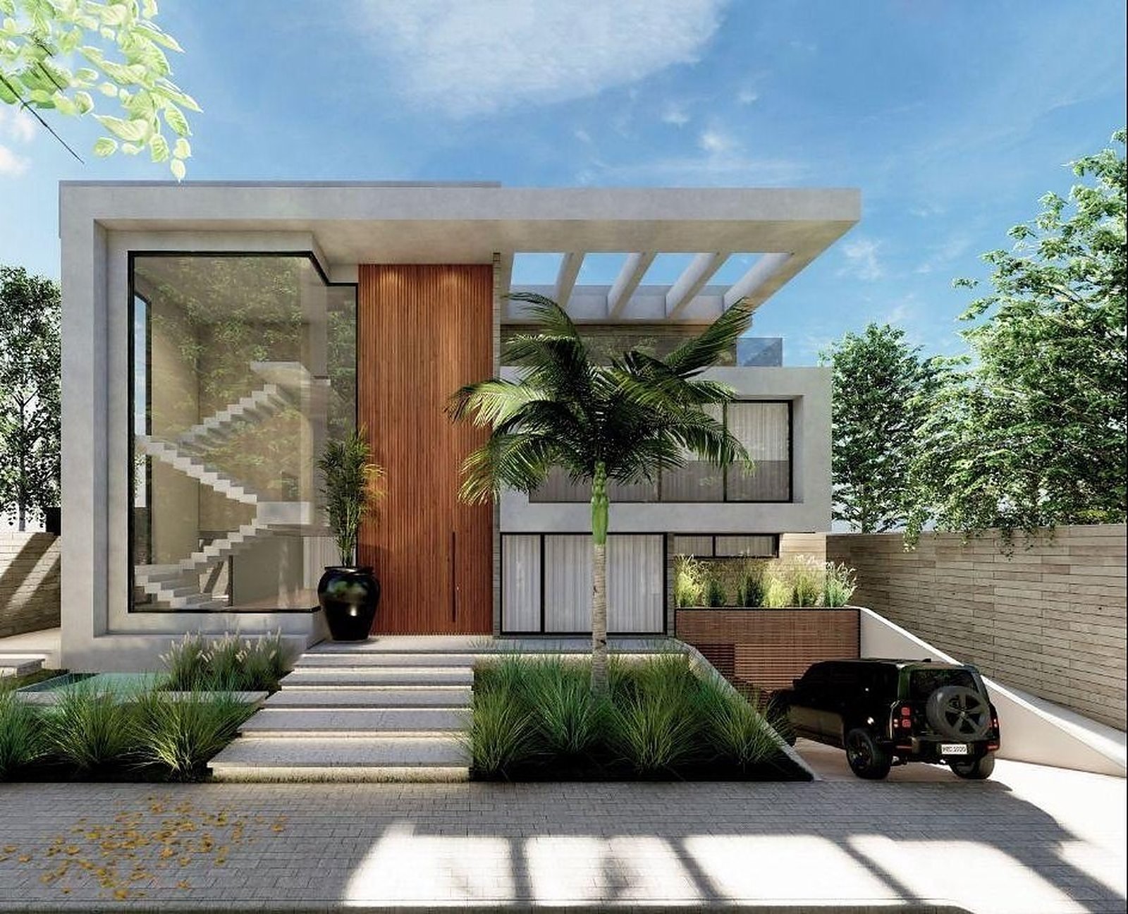 Perspectiva da fachada da casa de 4 suítes em construção na Barra da Tijuca, com painel de madeira, escada em vidro e rampa para o subsolo
