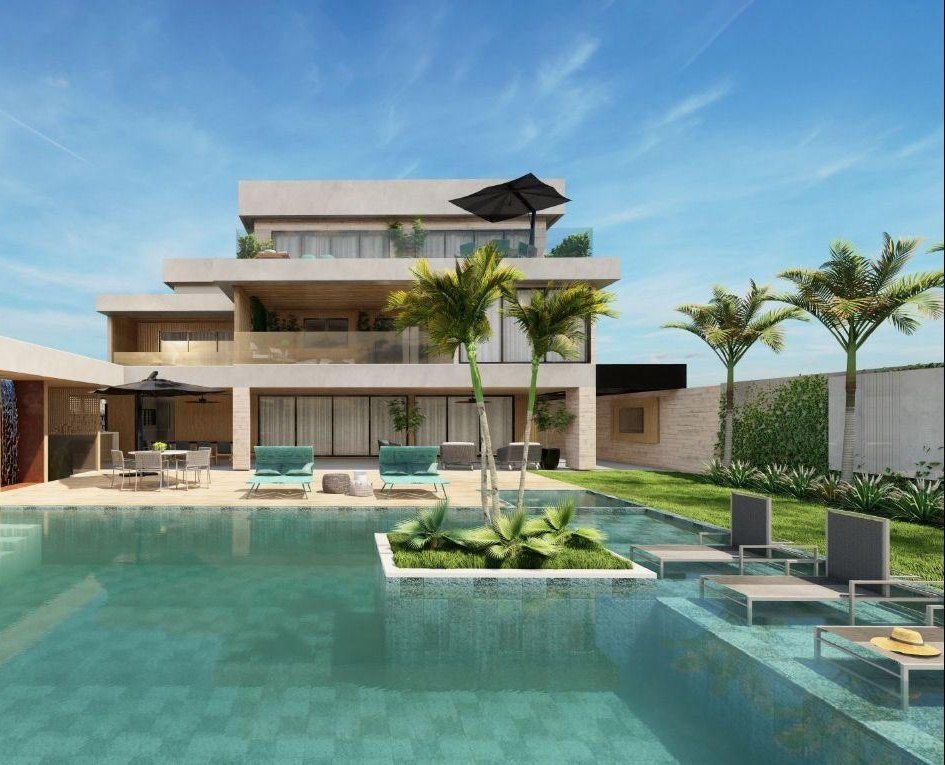 Perspectiva dos fundos da casa com piscina, ilha de palmeiras, deck e os três pavimentos em terraços