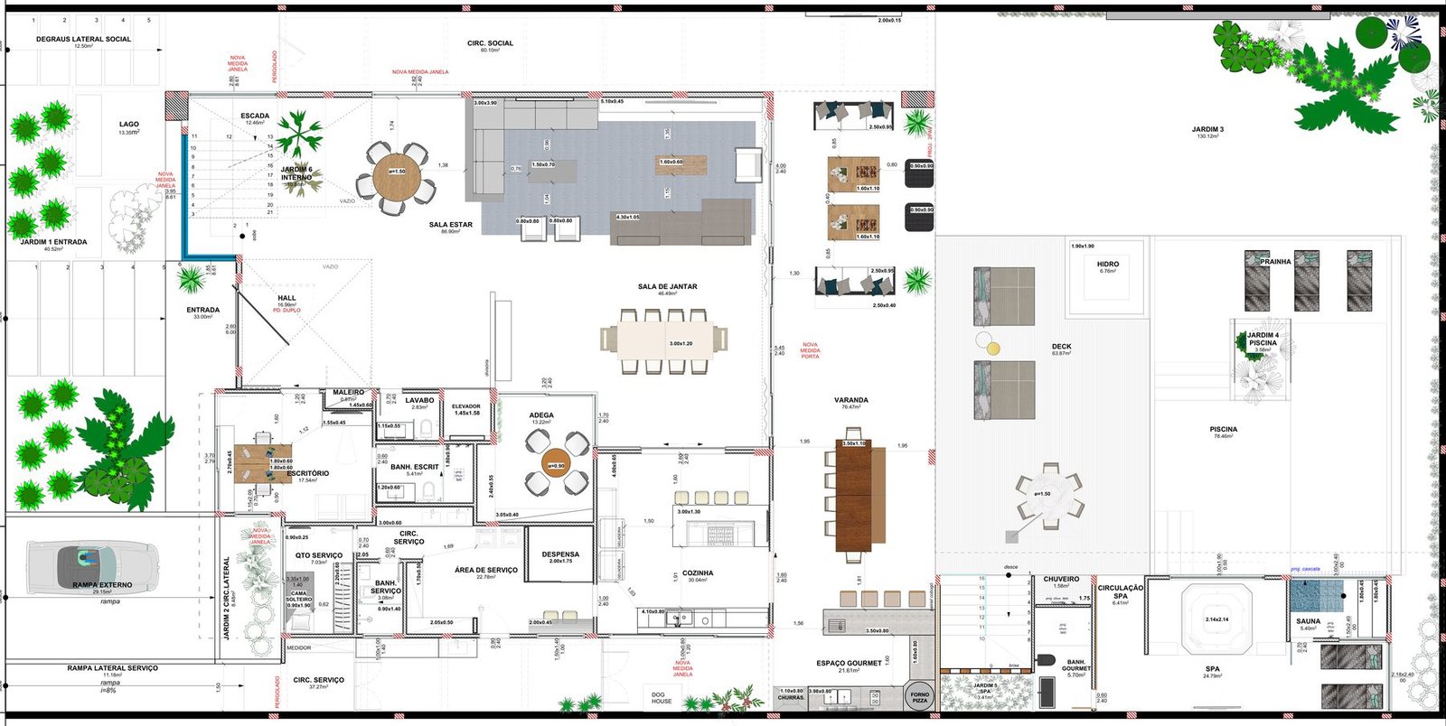 Planta do térreo com entrada de pé-direito duplo, sala de estar, sala de jantar, cozinha, adega, escritório, varanda, espaço gourmet, spa, sauna e piscina