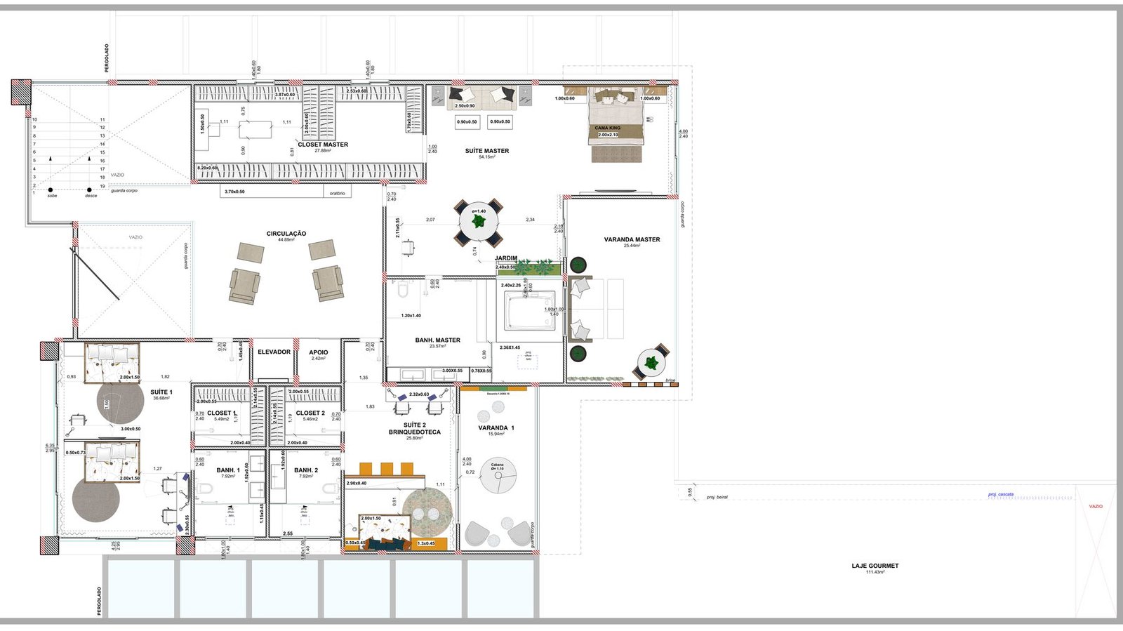 Planta do segundo pavimento com suíte master com closet, banheiro e varanda, duas suítes com closet, estar íntimo e laje gourmet