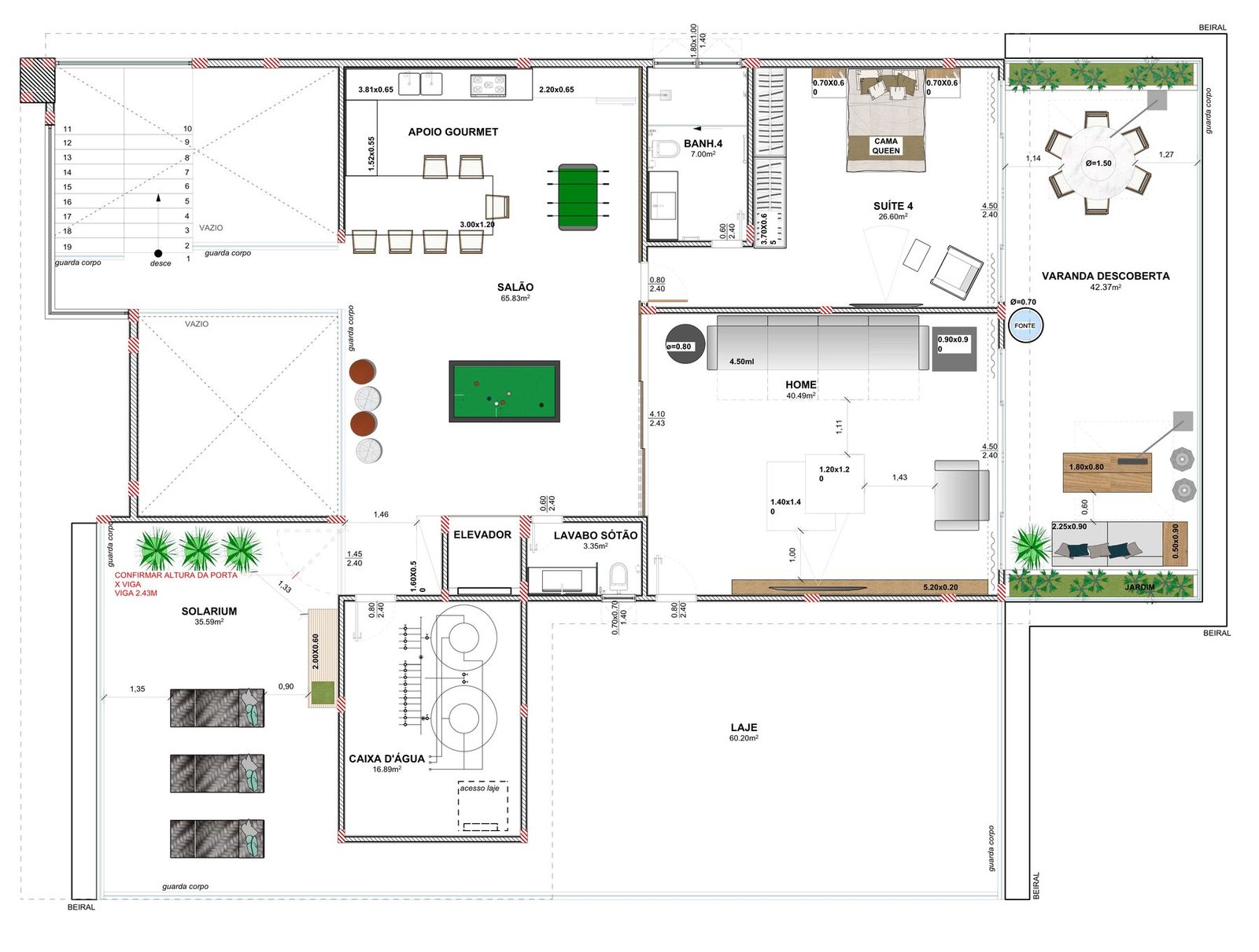 Planta do sótão com salão de jogos e apoio gourmet, home theater, quarta suíte, varanda descoberta e solarium