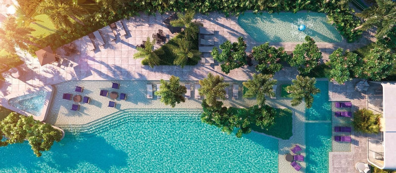 Vista aérea do lazer do Concept, com as piscinas e o paisagismo