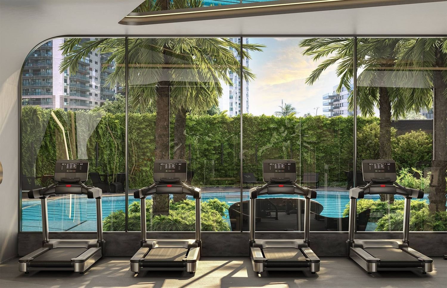 Área de esteiras do fitness do Coupé Tower, voltada para o verde