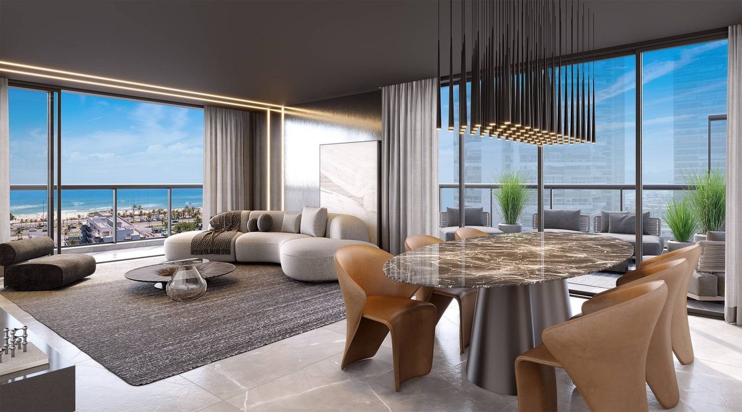 Sala de estar e jantar com vista para a cidade, no Coupé Tower