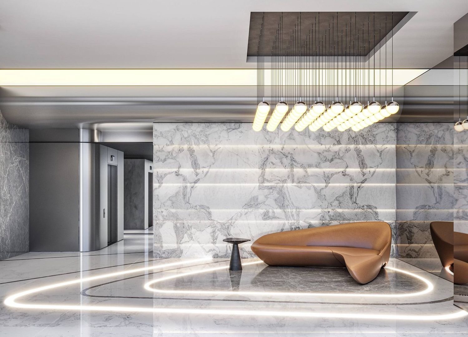 Lobby do Coupé Tower, com pisos e paredes em mármore