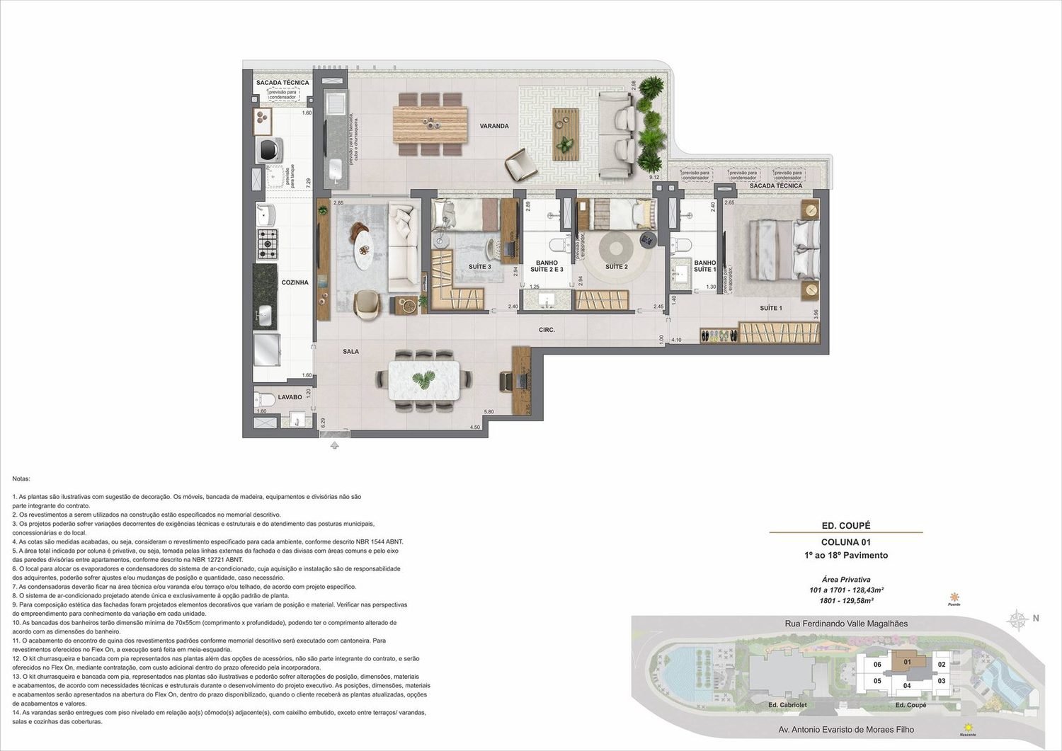 Planta do apartamento de 3 suítes de 128,43 m² do Edifício Coupé