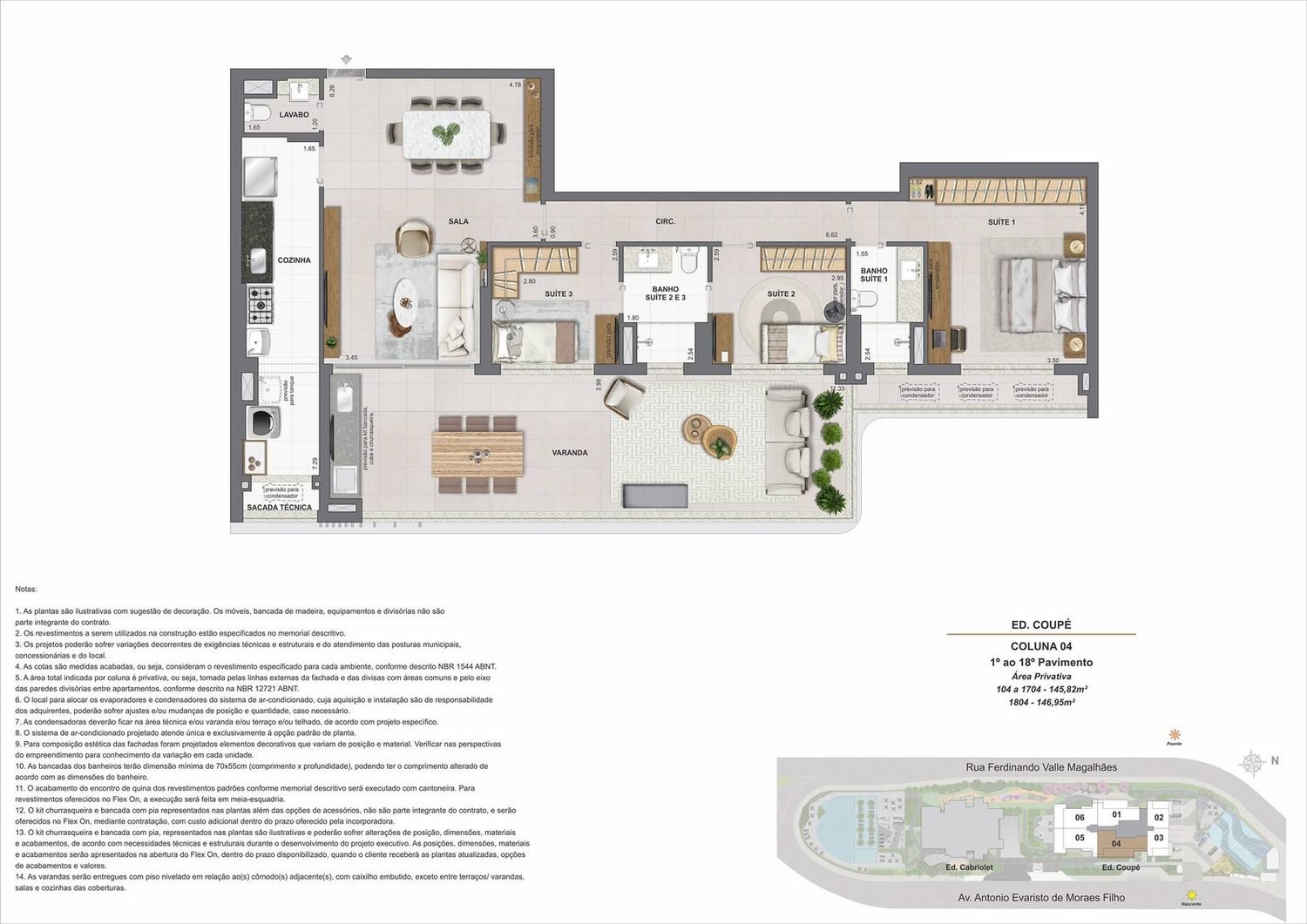 Planta do apartamento decorado de 3 suítes de 145,82 m² do Edifício Coupé