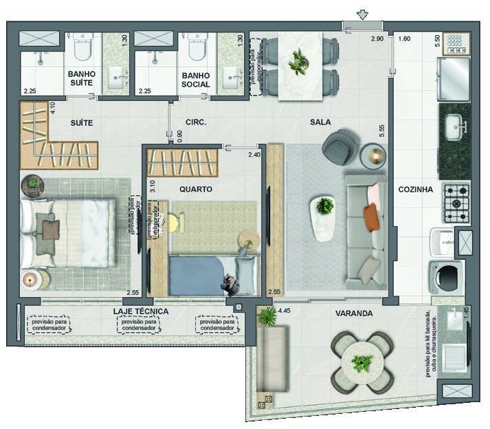 Planta do apartamento de 2 quartos do Endless Península, com 72 m²