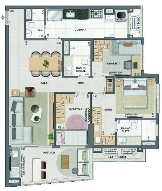 Planta do apartamento de 3 quartos do Endless Península, com 92 m²