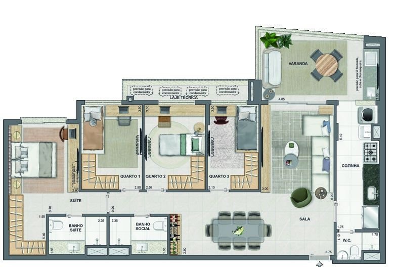 Planta do apartamento de 4 quartos do Endless Península, com 118 m²