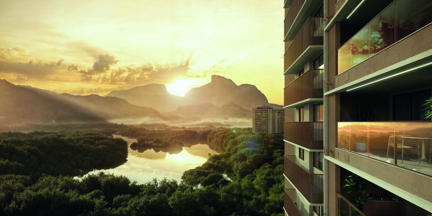 Vista da varanda do Endless Península para a lagoa e o manguezal ao pôr do sol