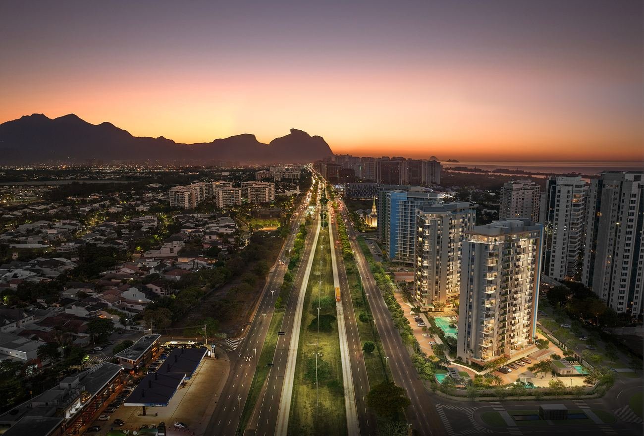 Fotomontagem noturna do Epic Golf Residence na Barra da Tijuca