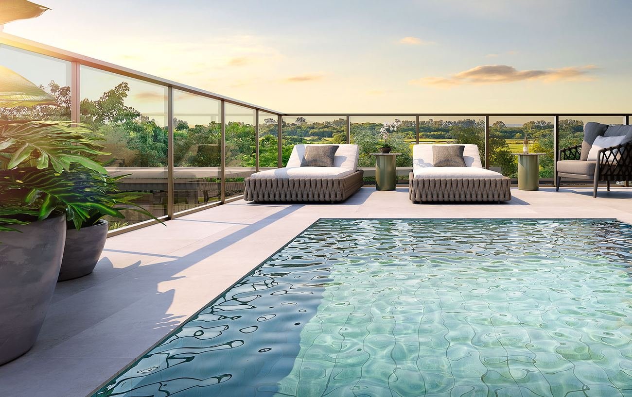 Terraço com piscina da Garden House de 2 suítes do Epic Golf Residence