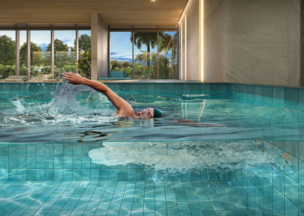 Piscina coberta com jet swim do Epic Golf Residence