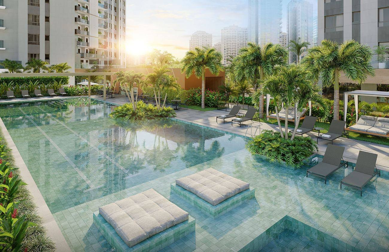 Vista aérea do conjunto de piscinas do Epic Golf Residence