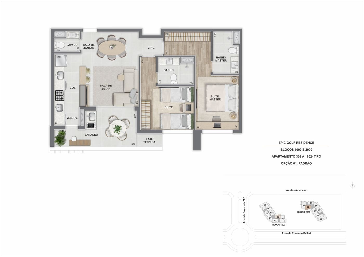 Planta do apartamento de 2 suítes com 76,65 m² do Epic Golf Residence