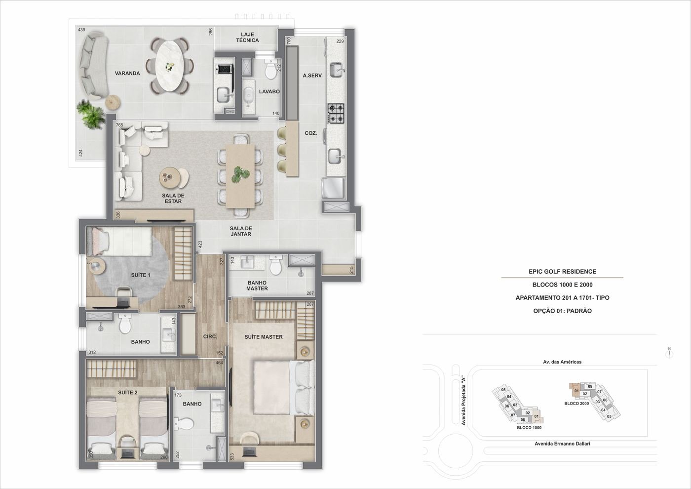 Planta do apartamento de 3 suítes com 114,64 m² do Epic Golf Residence
