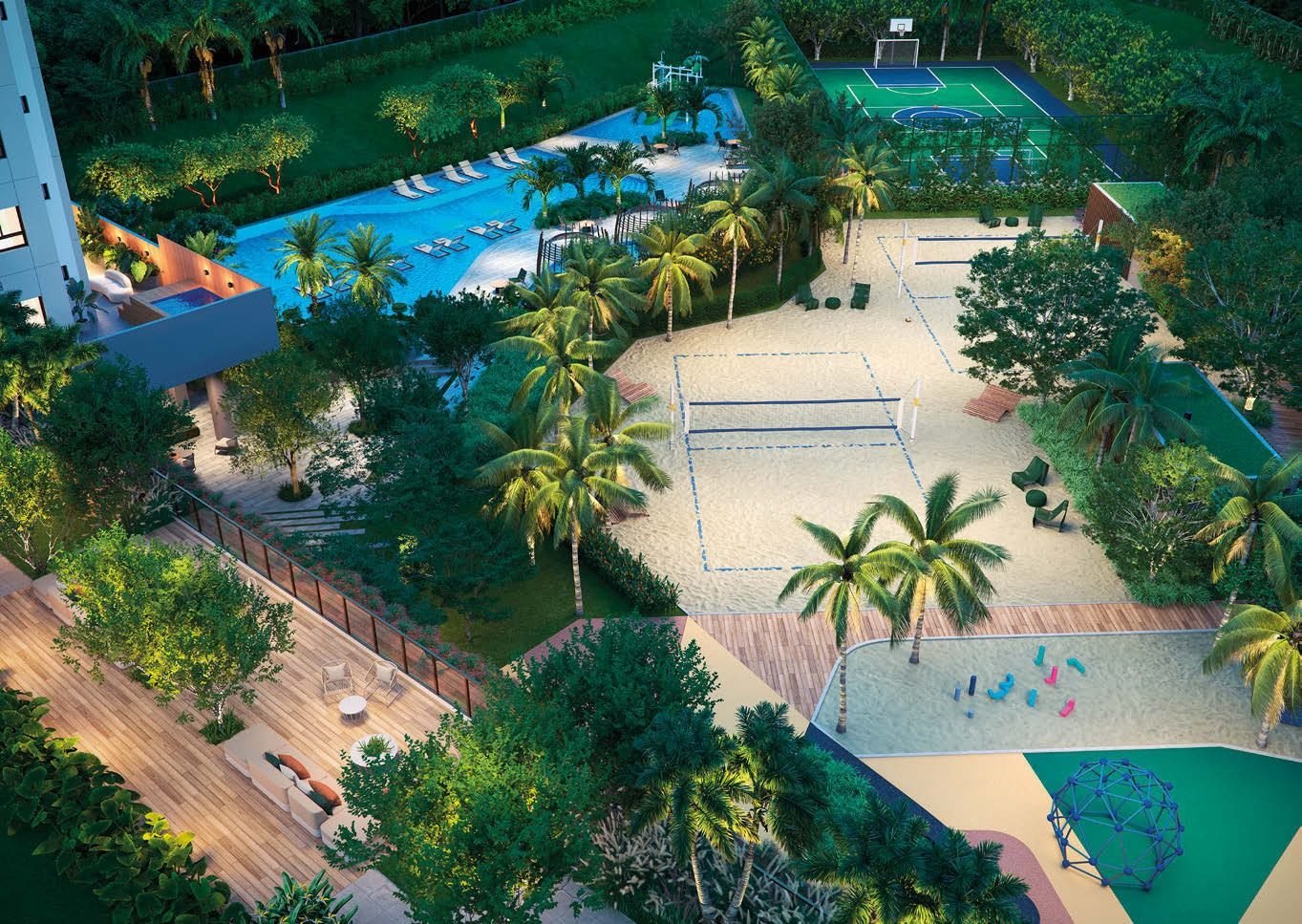 Vista aérea da área de lazer do Gaea Home Resort, com piscinas e quadras