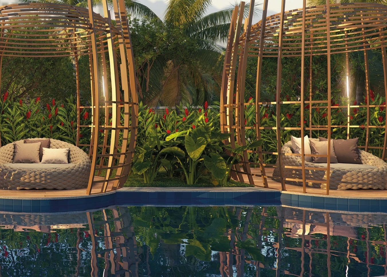 Cabanas e piscina da Pool Party House do Gaea Home Resort