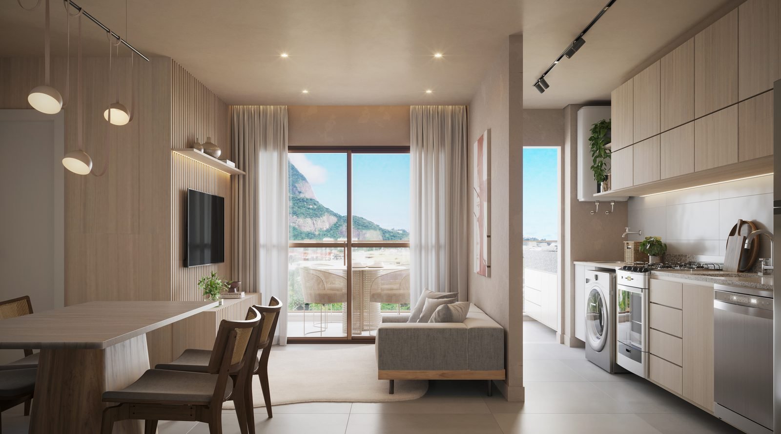 Sala de apartamento de 2 quartos do Green Park Barra, com varanda integrada