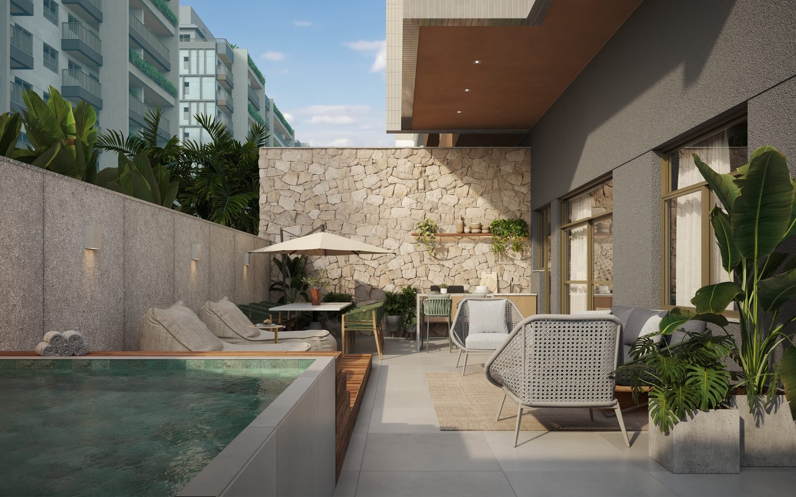 Terraço de apartamento garden do Green Park Barra, com piscina privativa, deck e churrasqueira