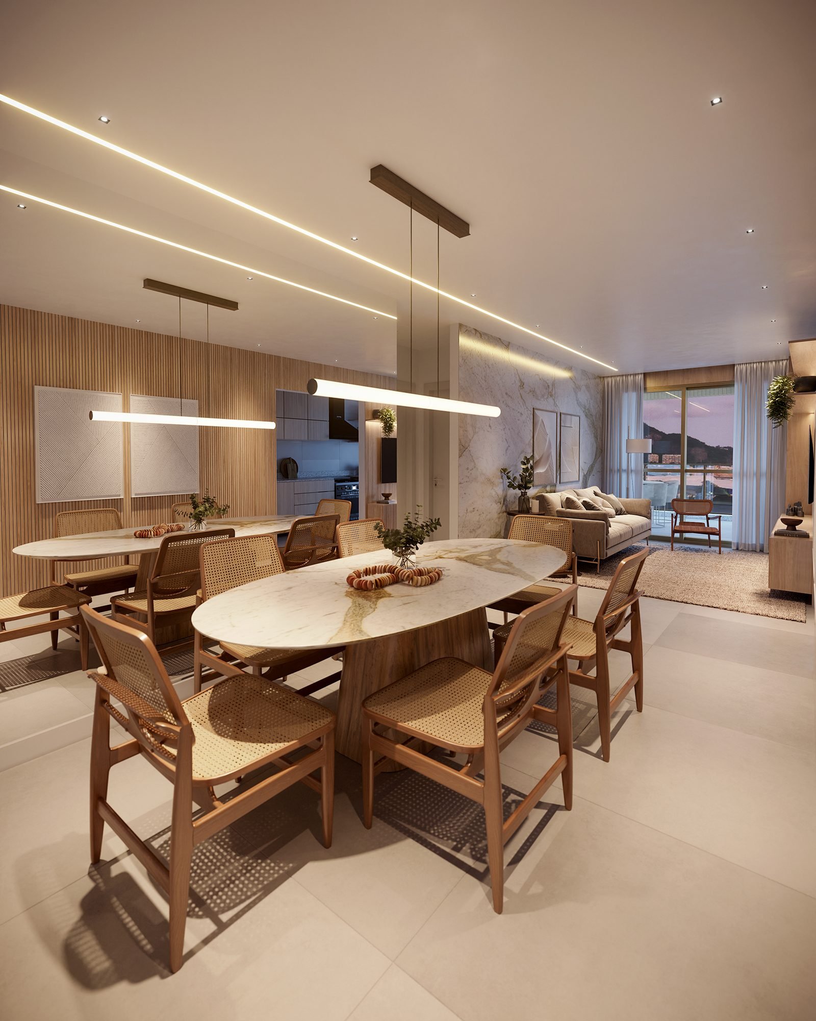 Sala de apartamento de 3 quartos do Bloco 6, com varanda e mesa de jantar