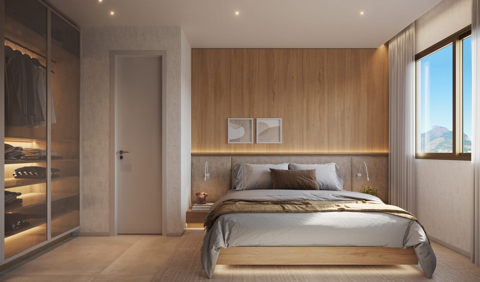 Suíte master de apartamento de 3 quartos, com closet e cama de casal