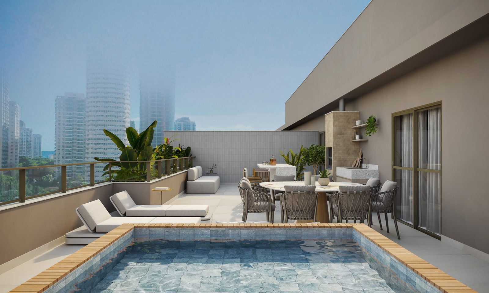 Terraço de cobertura duplex de 3 quartos, com piscina, deck e vista da Barra