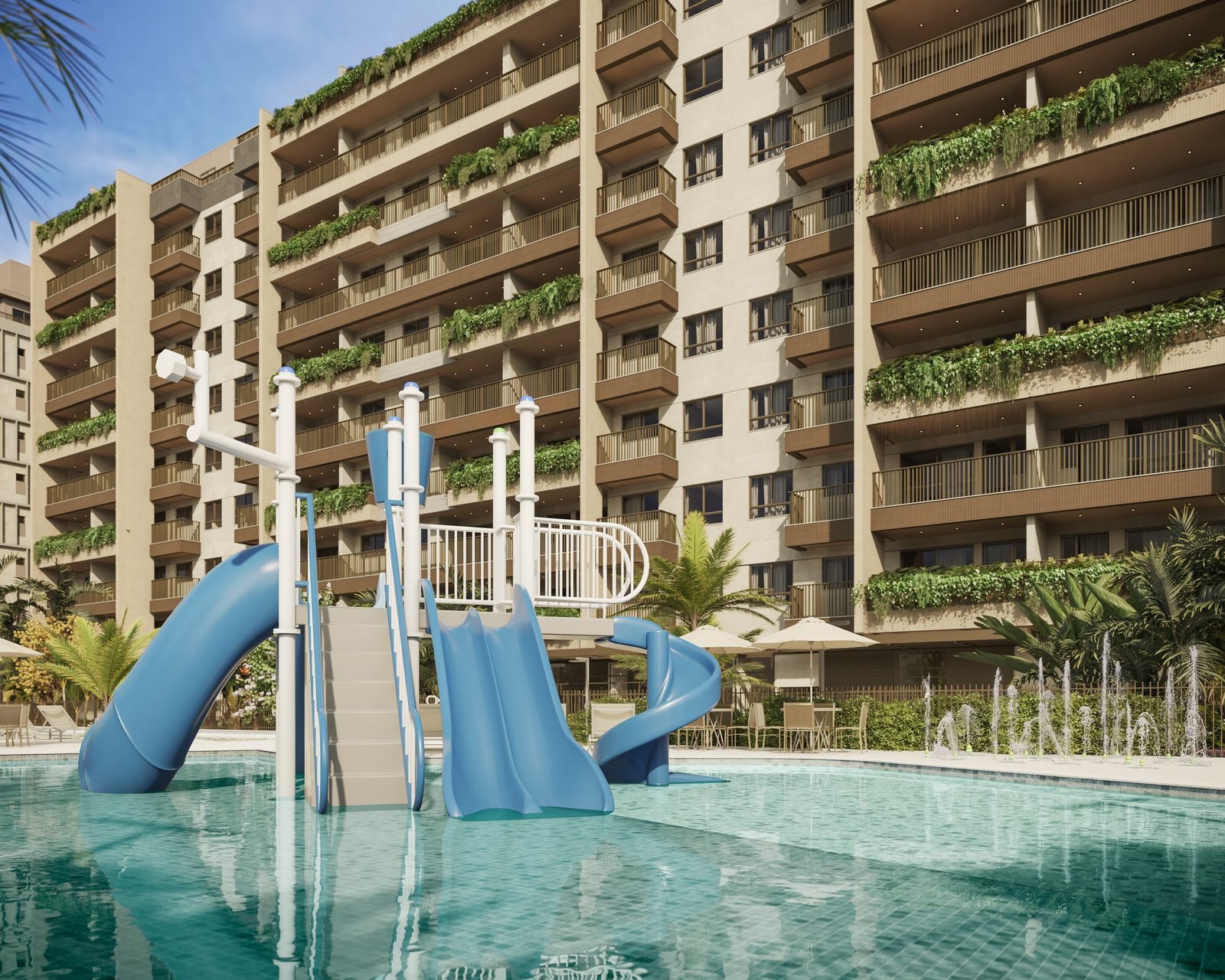 Piscina infantil com deck molhado, parque aquático e splash pad