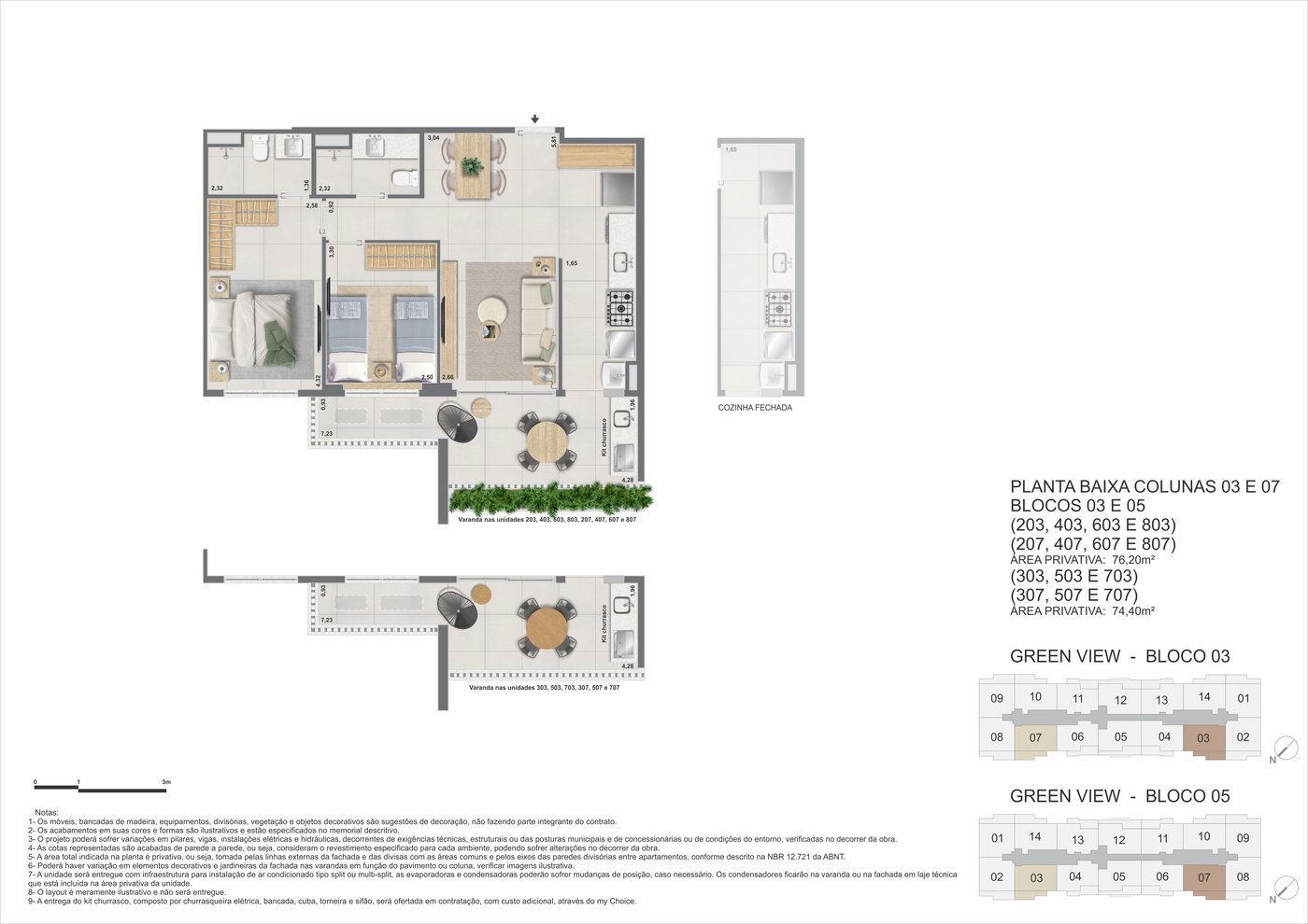 Planta do apartamento de 2 quartos do Green View, com 74,40 m², sala, varanda com kit churrasco, suíte, quarto e cozinha
