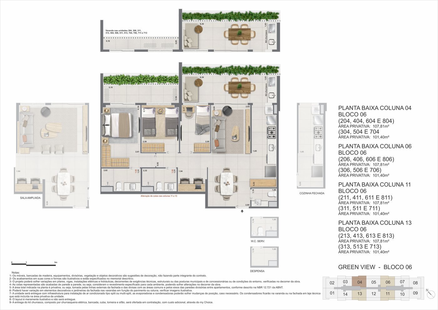 Planta do apartamento de 3 quartos do Green View no Bloco 6, com 101,40 m², sala, varanda, suíte e dois quartos