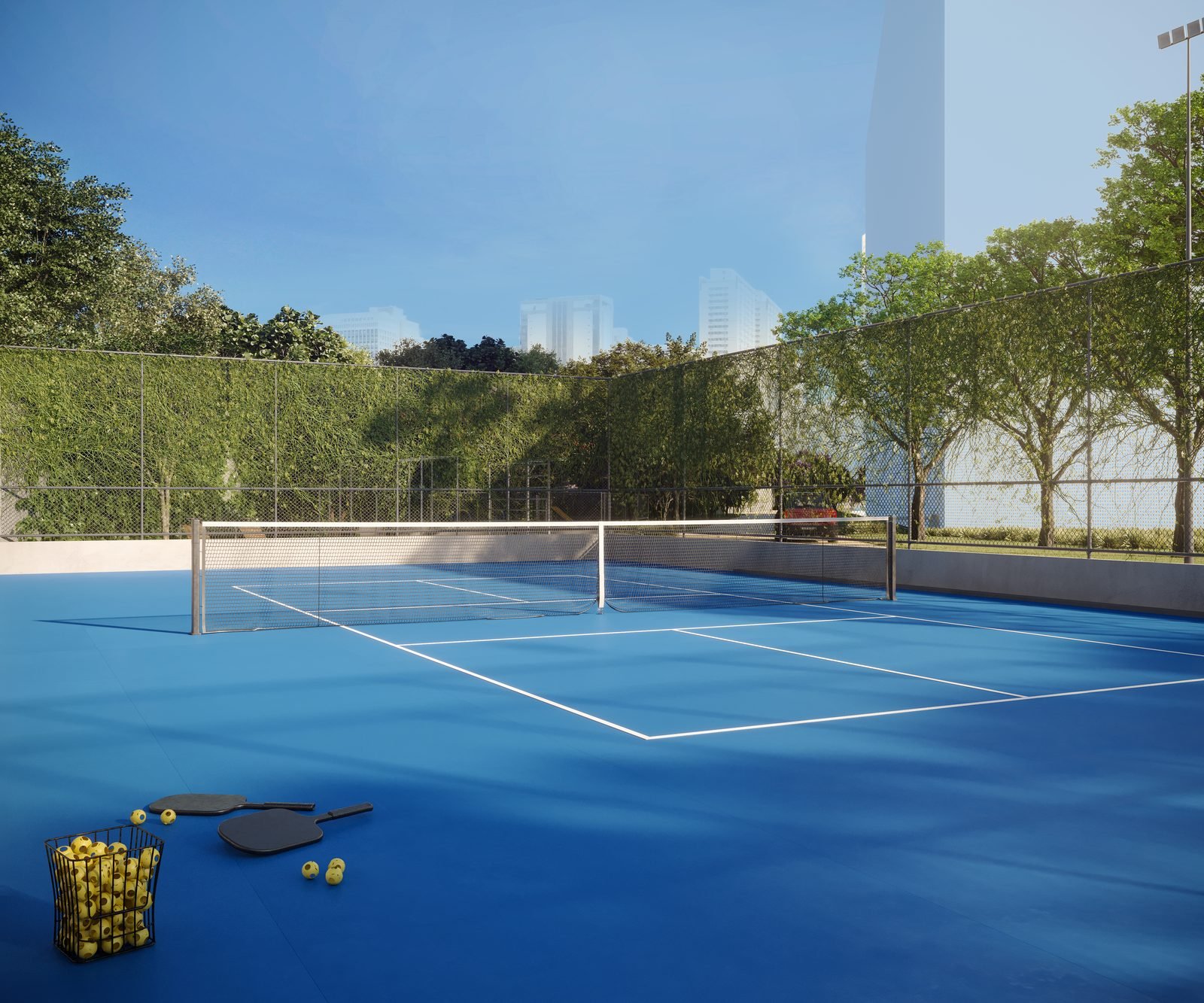 Quadra de pickleball e fitness externo do Green Park Barra