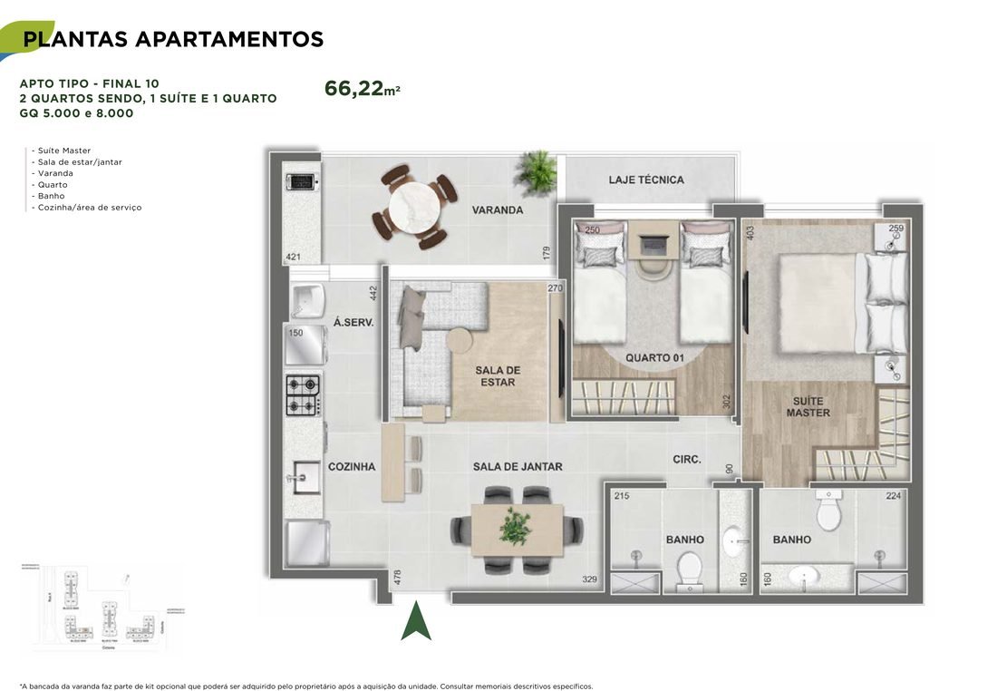 Planta do apartamento de 2 quartos com 66,22 m² do Grand Quartier Rio 2