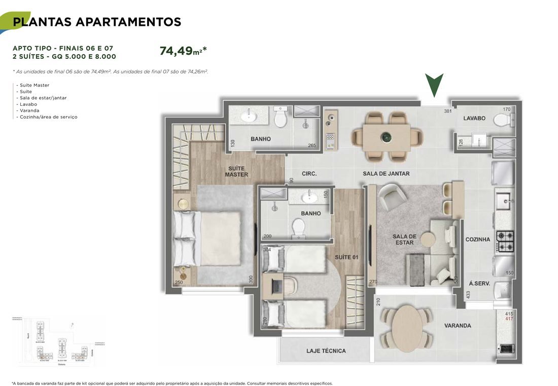 Planta do apartamento de 2 suítes com 74,49 m² do Grand Quartier Rio 2