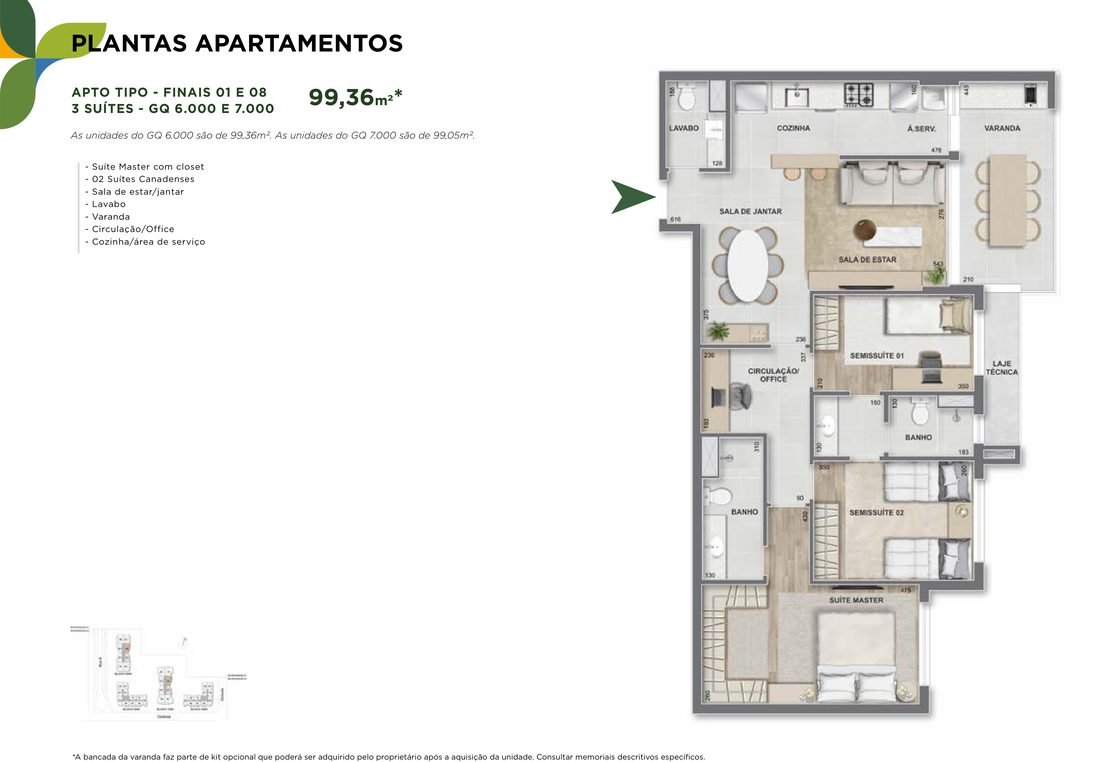 Planta do apartamento de 3 suítes com 99,36 m² do Grand Quartier Rio 2