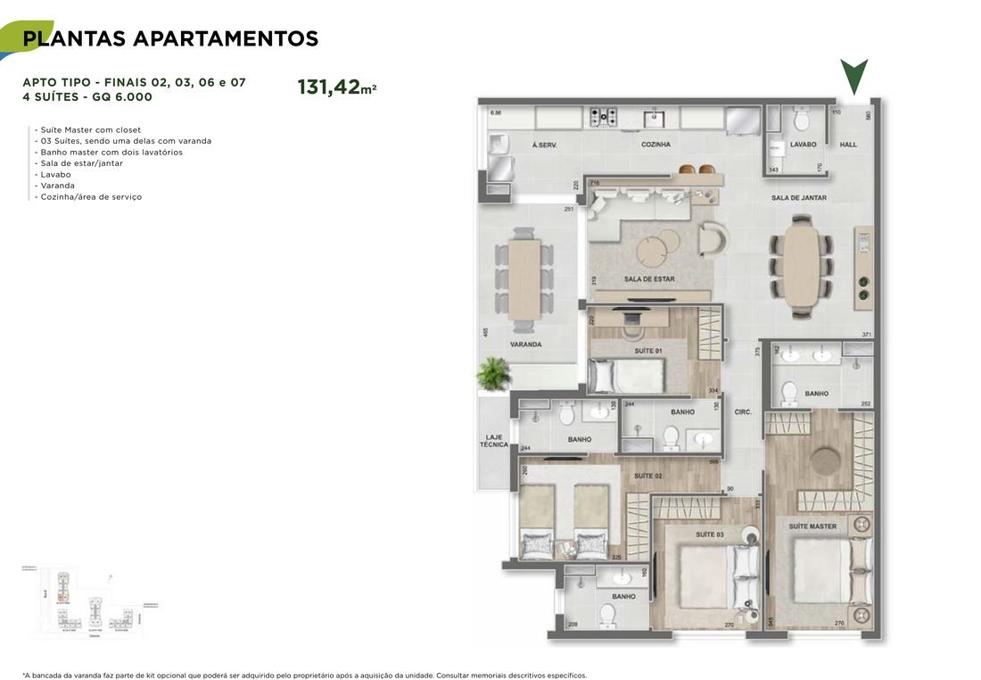 Planta do apartamento de 4 suítes com 131,42 m² do Grand Quartier Rio 2