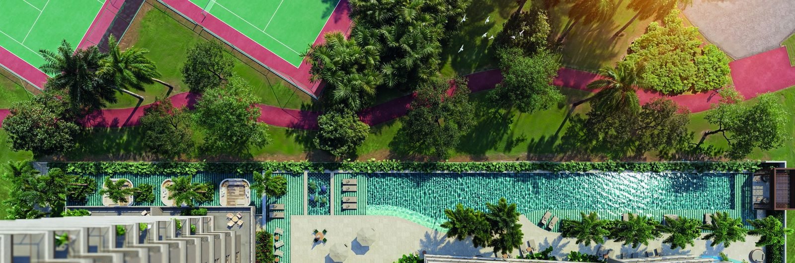Vista aérea do lazer do Gran Thai, com a piscina de 50 metros entre os dois edifícios
