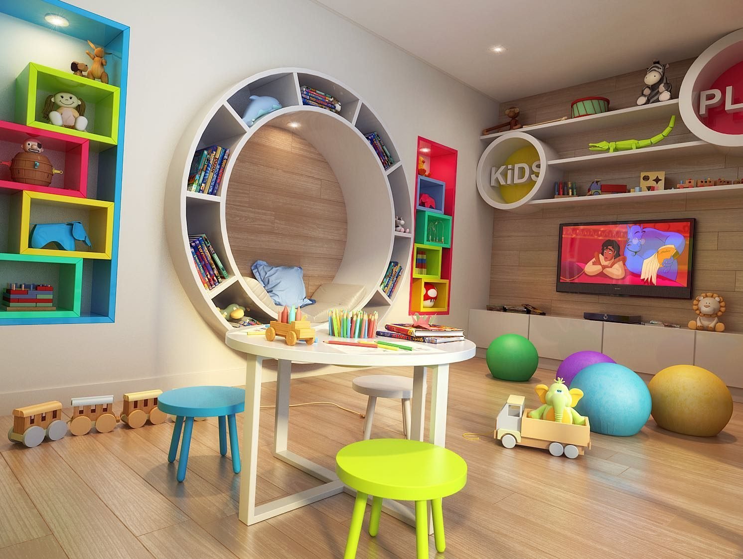 Brinquedoteca do Like Residencial Club, com mesa infantil, prateleiras coloridas e televisão
