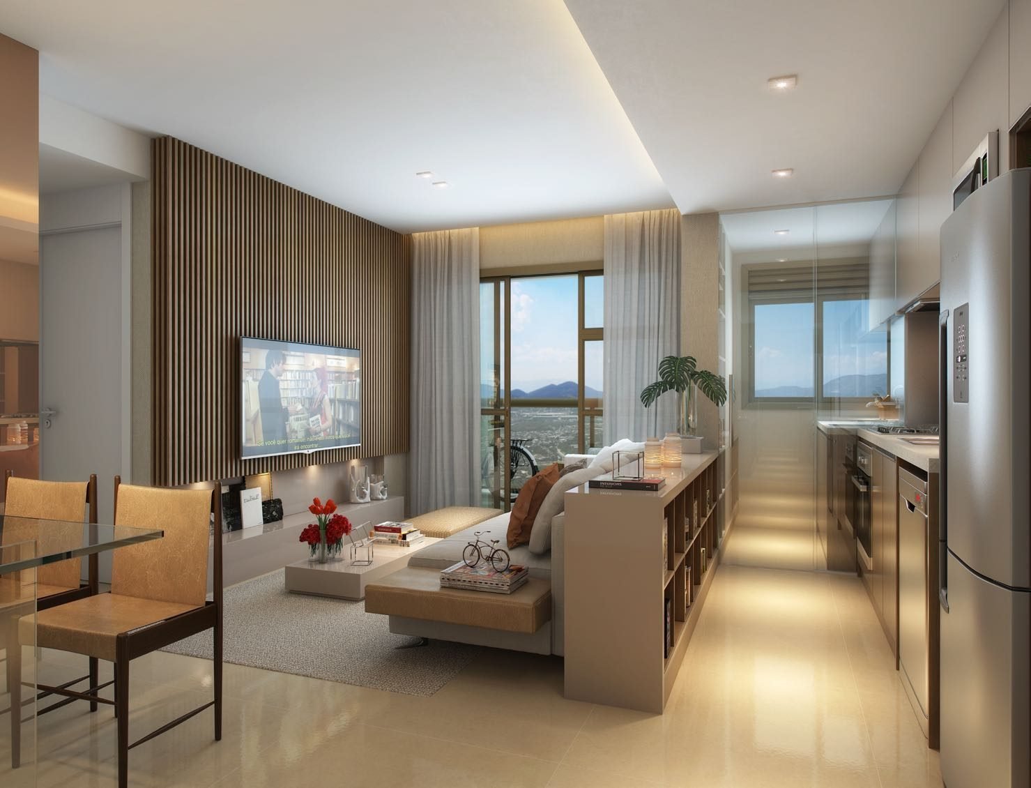 Sala integrada à cozinha de um apartamento de 2 quartos decorado do Like Residencial Club