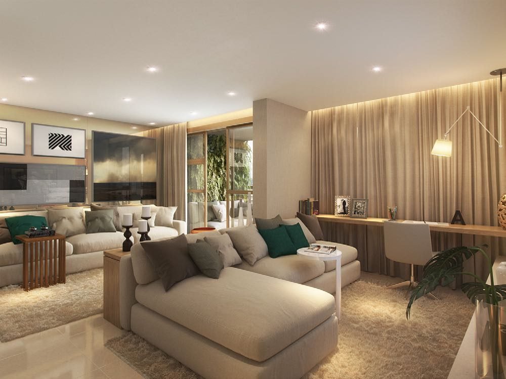 Sala ampliada de apartamento de 3 quartos do Like Residencial Club, com sofá em L e home office