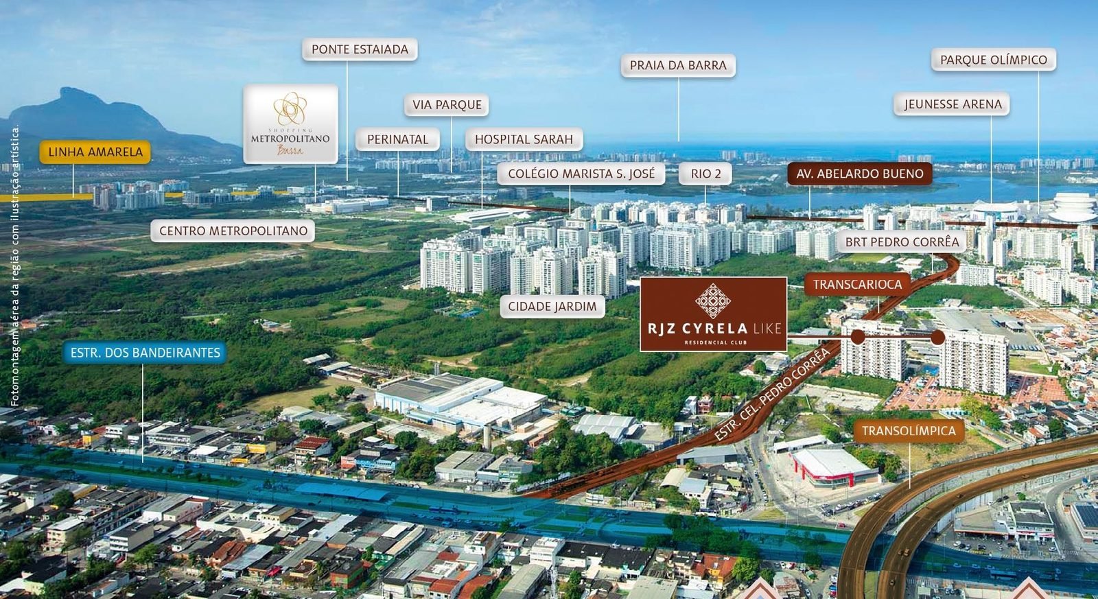 Mapa da região da Barra Olímpica com a localização do Like Residencial Club, o Parque Olímpico, o Riocentro e o Shopping Metropolitano