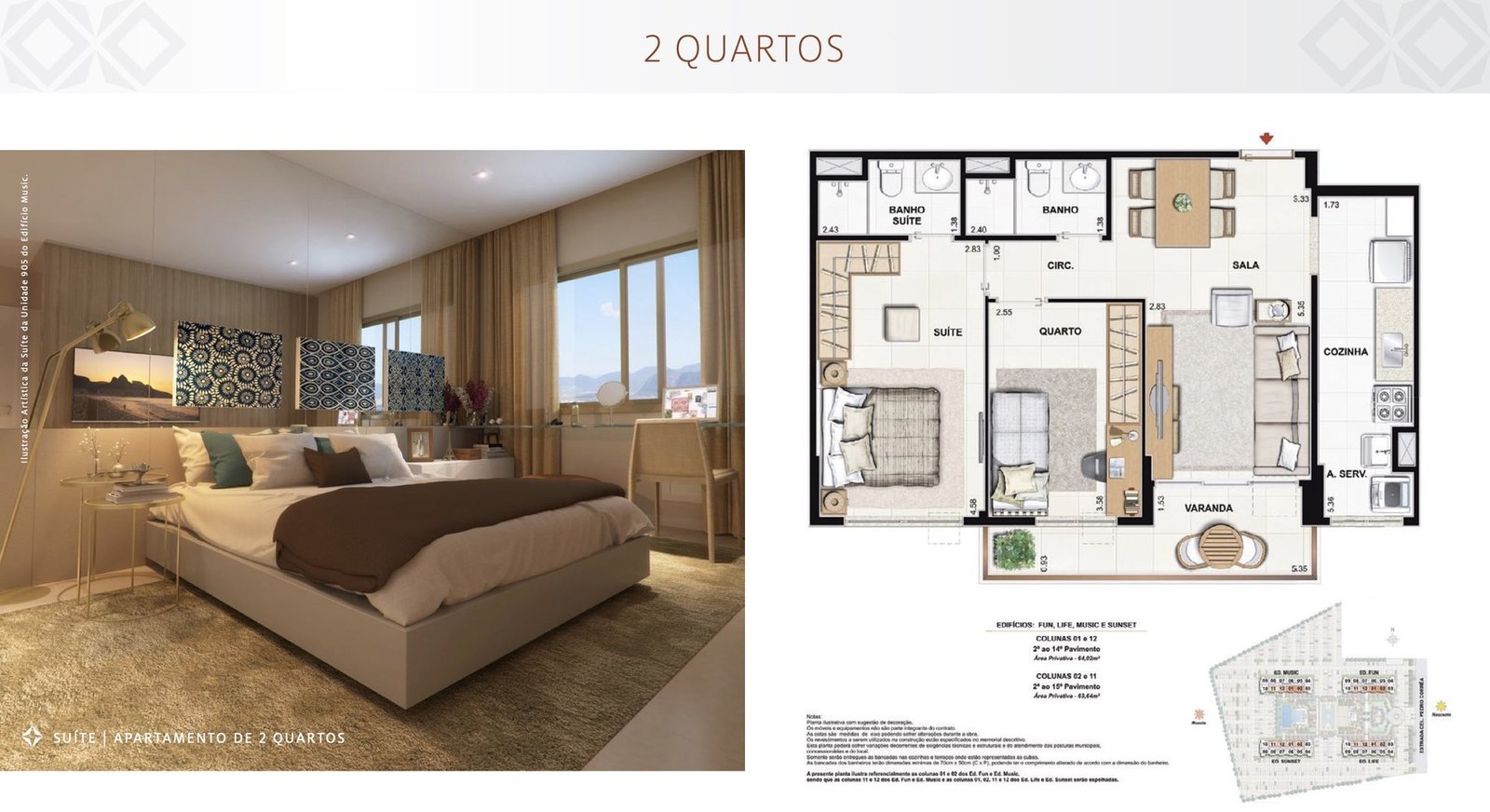 Plantas dos apartamentos de 2 quartos do Like Residencial Club, colunas 01 e 12 com 64,02 m² e colunas 02 e 11 com 63,63 m²